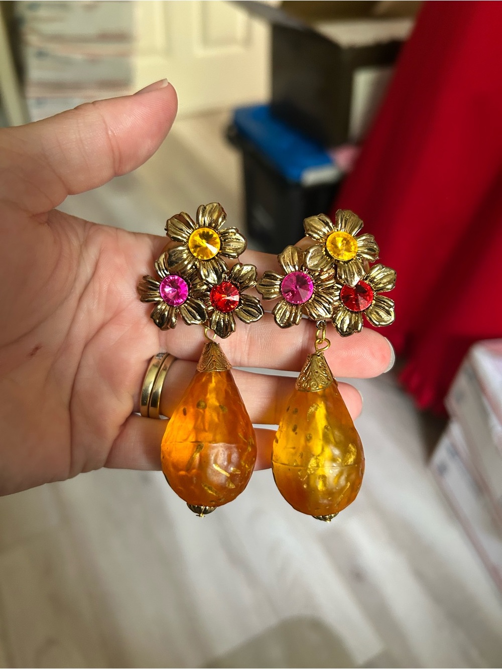 Gold Floral Drop Earrings with Amber Teardrops